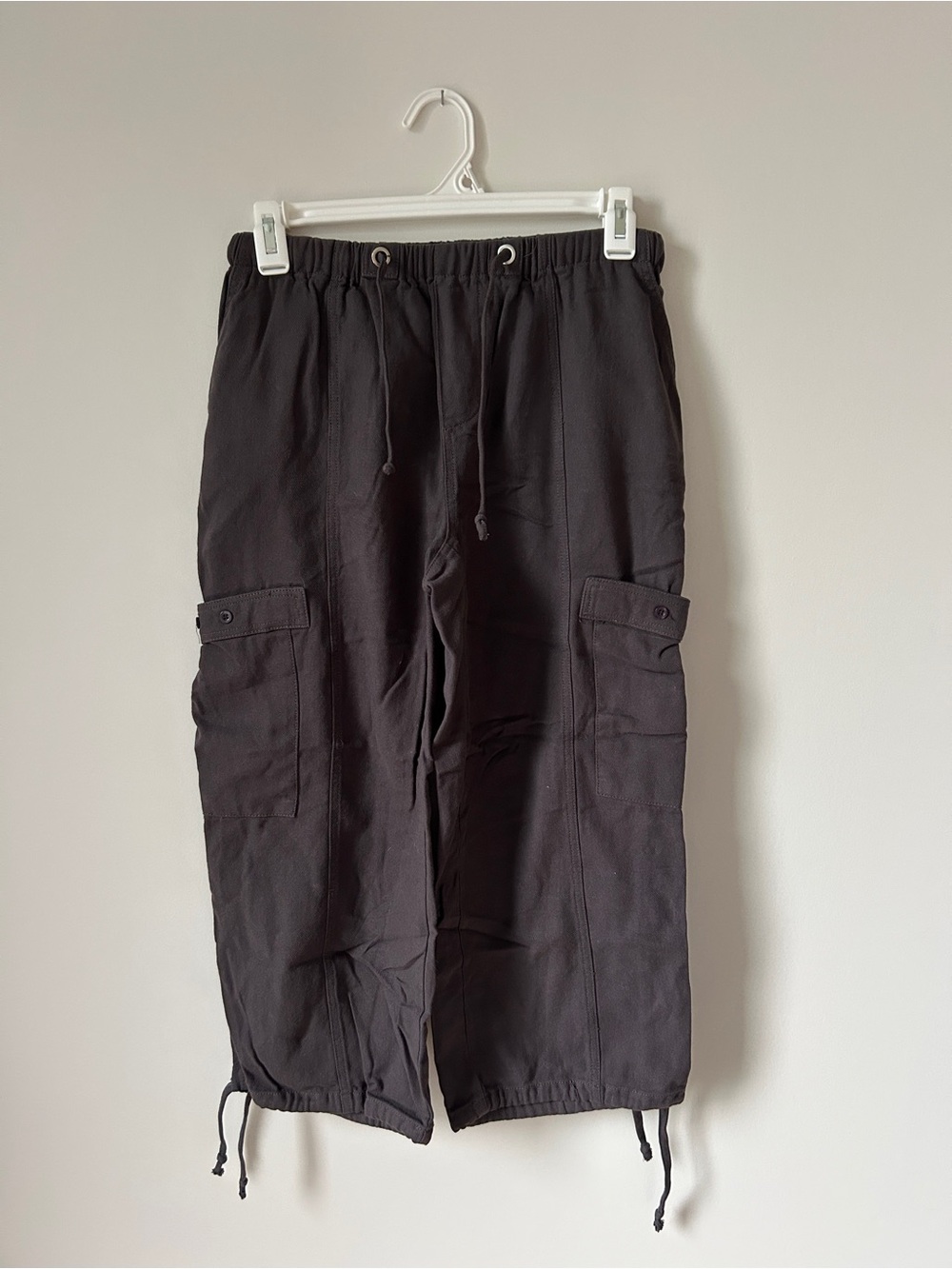 Black Cargo Capris with Drawstring Waist and Hem